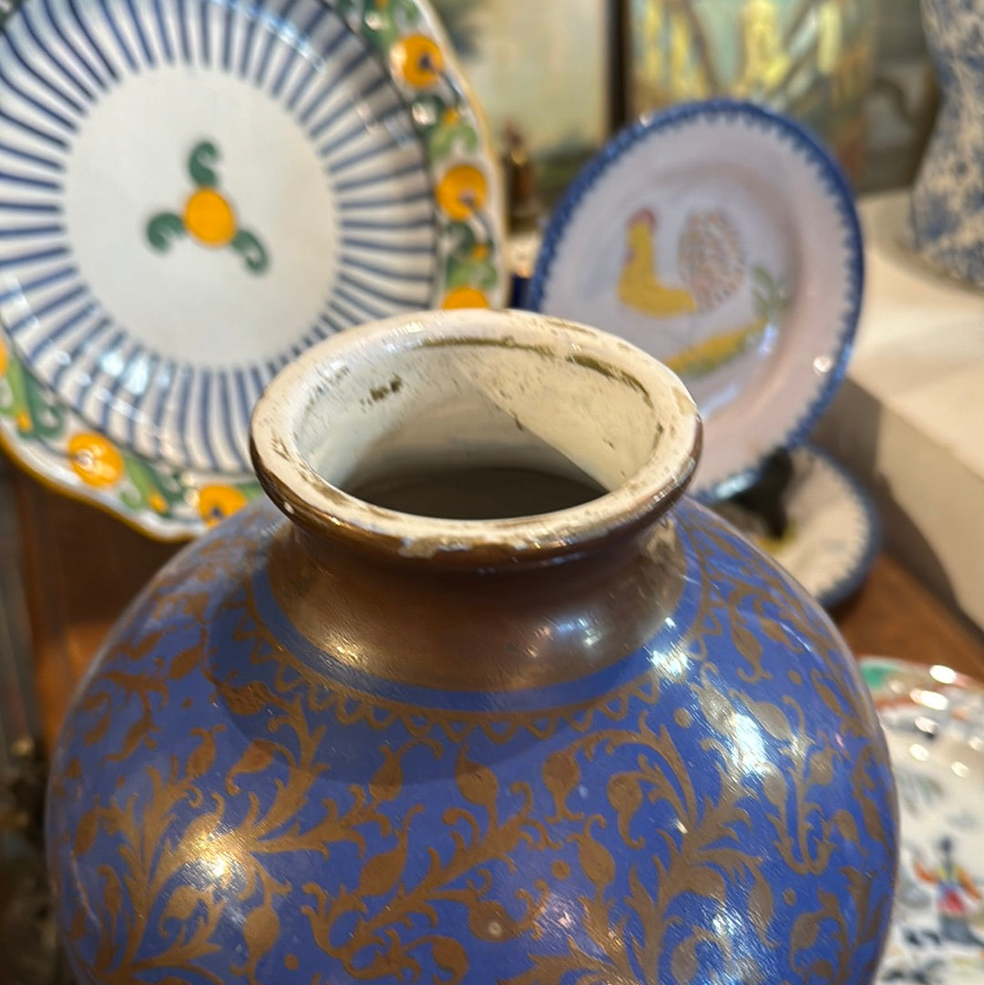 Vase pied de lampe en céramique bleue et argent