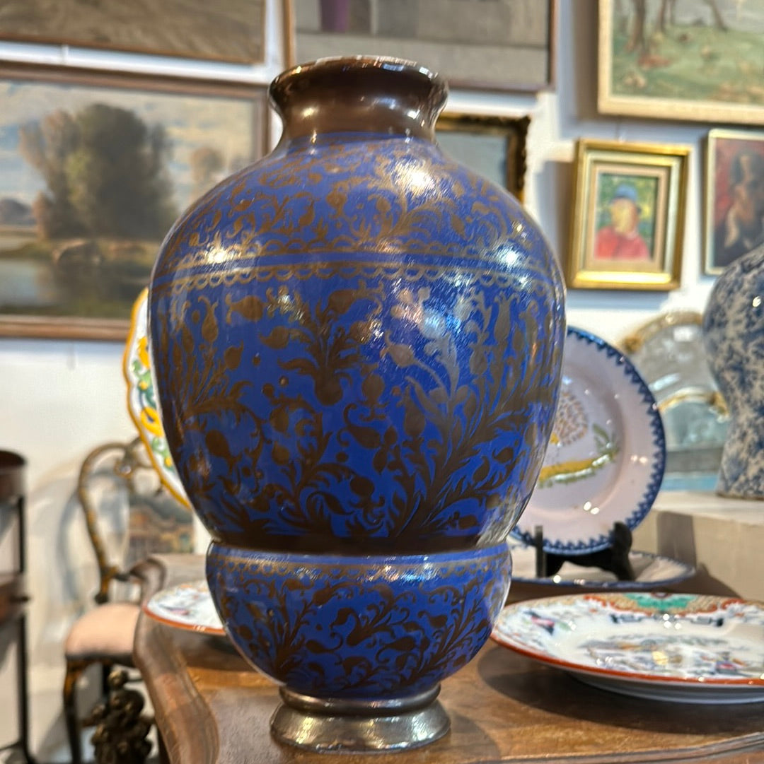 Vase pied de lampe en céramique bleue et argent
